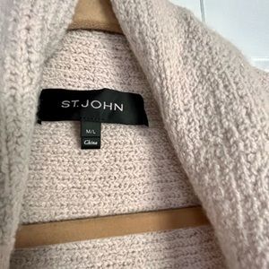 St.John Cashmere Sleeveless cardigan, open front rolled collar and sparkle trim.